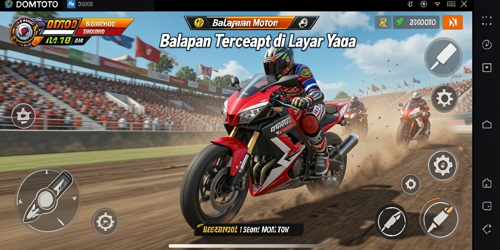Screenshot gameplay <strong>DOMTOTO</strong> menampilkan aksi balapan motor yang mendebarkan.