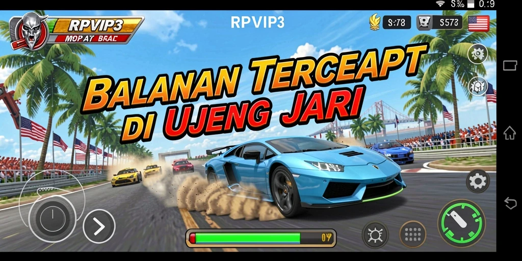 Tangkapan layar RPVIP3 menampilkan balapan dramatis dengan kendaraan yang berkecepatan tinggi.