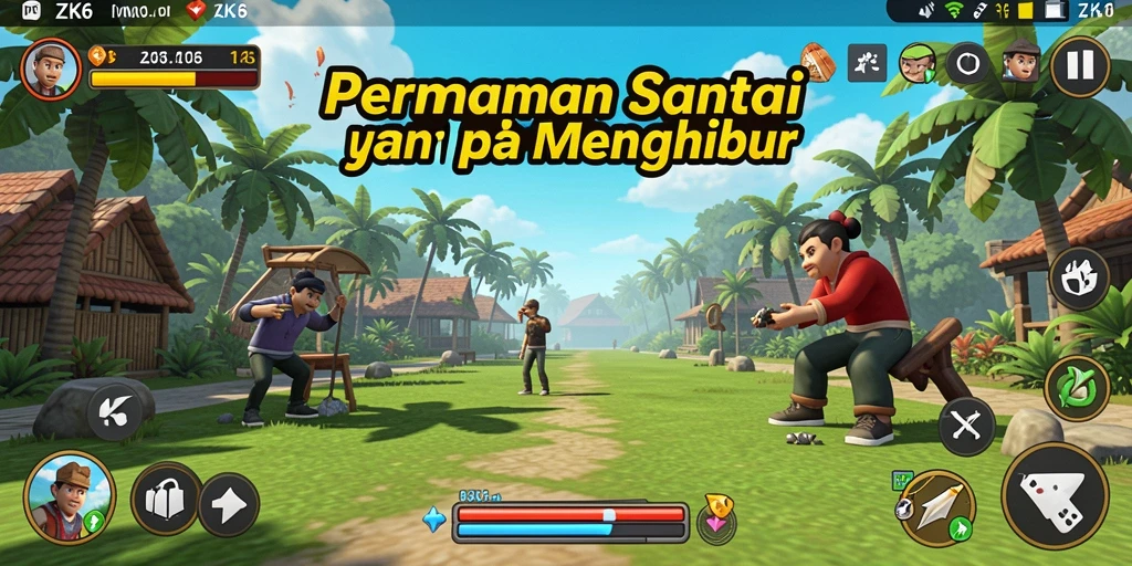 Tampilan gameplay ZK6 yang ceria dan penuh warna.